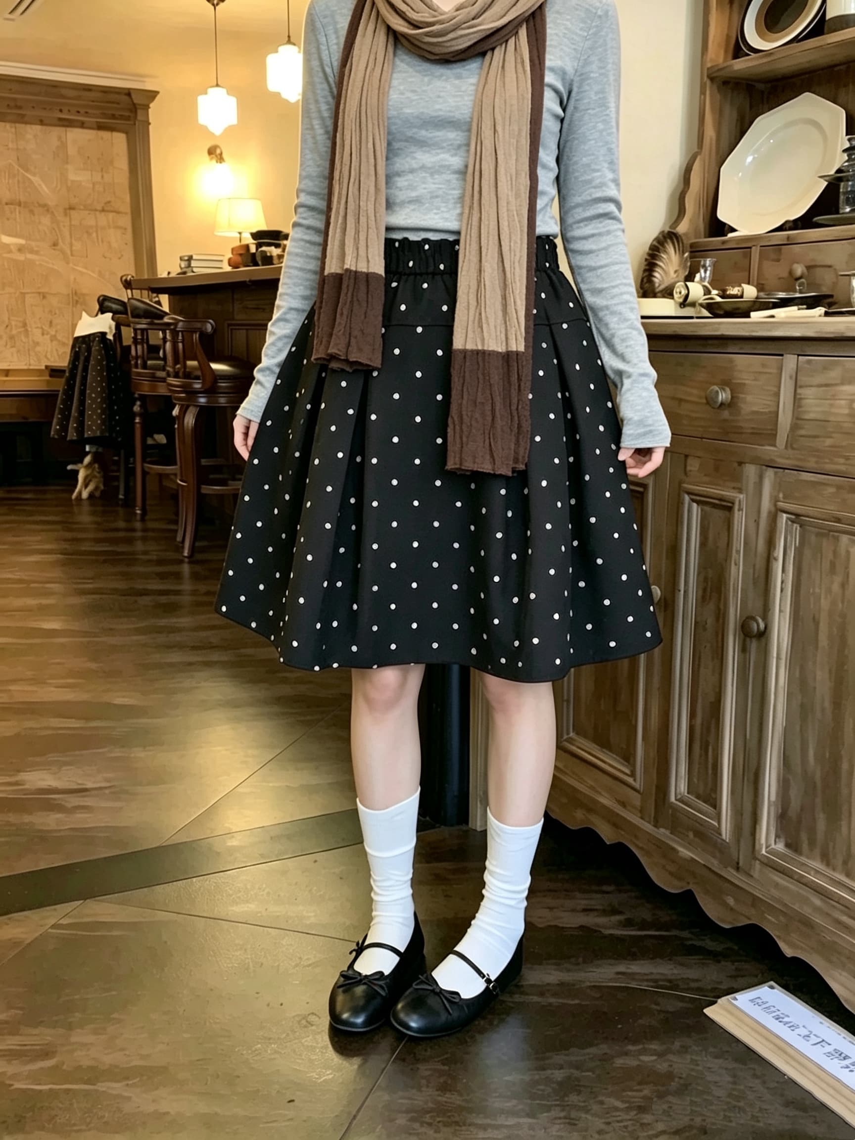 실사 가을 한 부서 새로운 허리밴드 미니 스커트 명중 Pleat 공기 센스 도트 무늬 한 마디 있음 마 안감 반신 스커트 상세 이미지 9