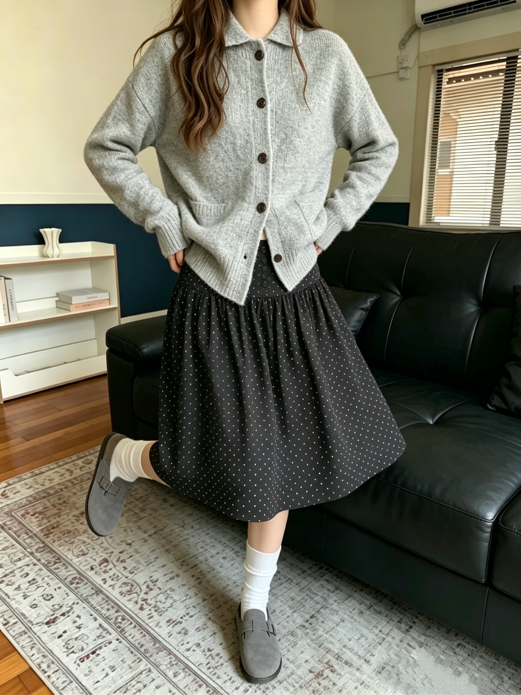 실사 가을 문예 바람 하이웨이스트 검정색 도트 무늬 코듀로이 반신 스커트 여성 레저 다용도 중간 스커트 A라인 스커트 상세 이미지 6