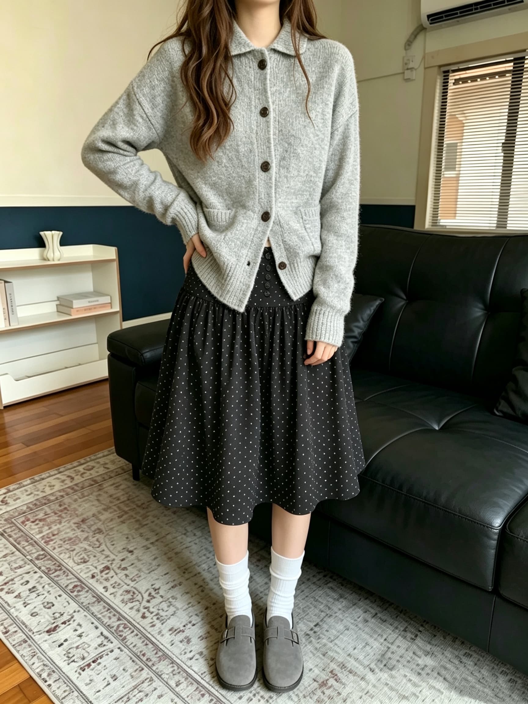 실사 가을 문예 바람 하이웨이스트 검정색 도트 무늬 코듀로이 반신 스커트 여성 레저 다용도 중간 스커트 A라인 스커트 상세 이미지 7