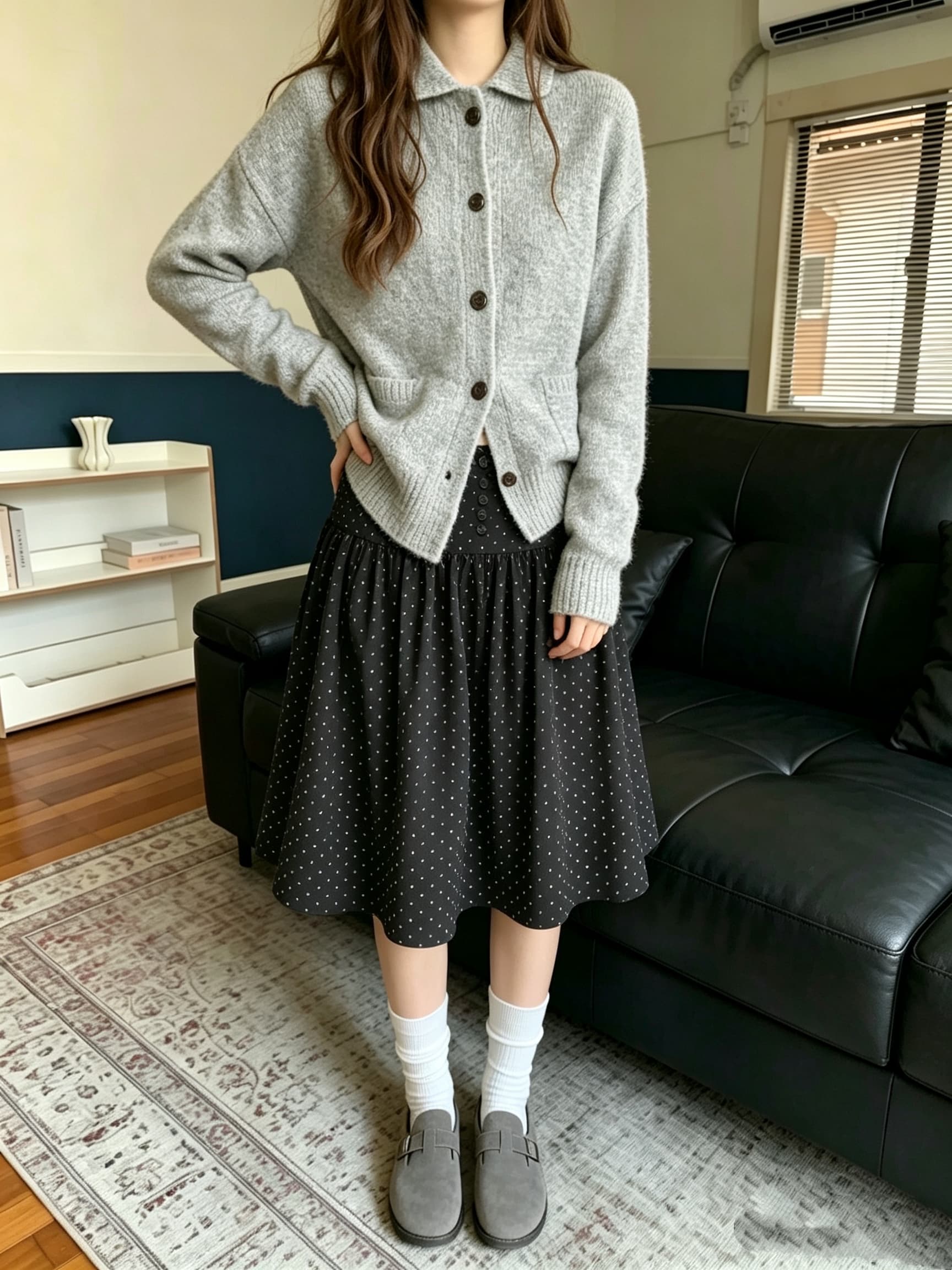 실사 가을 문예 바람 하이웨이스트 검정색 도트 무늬 코듀로이 반신 스커트 여성 레저 다용도 중간 스커트 A라인 스커트 상세 이미지 8