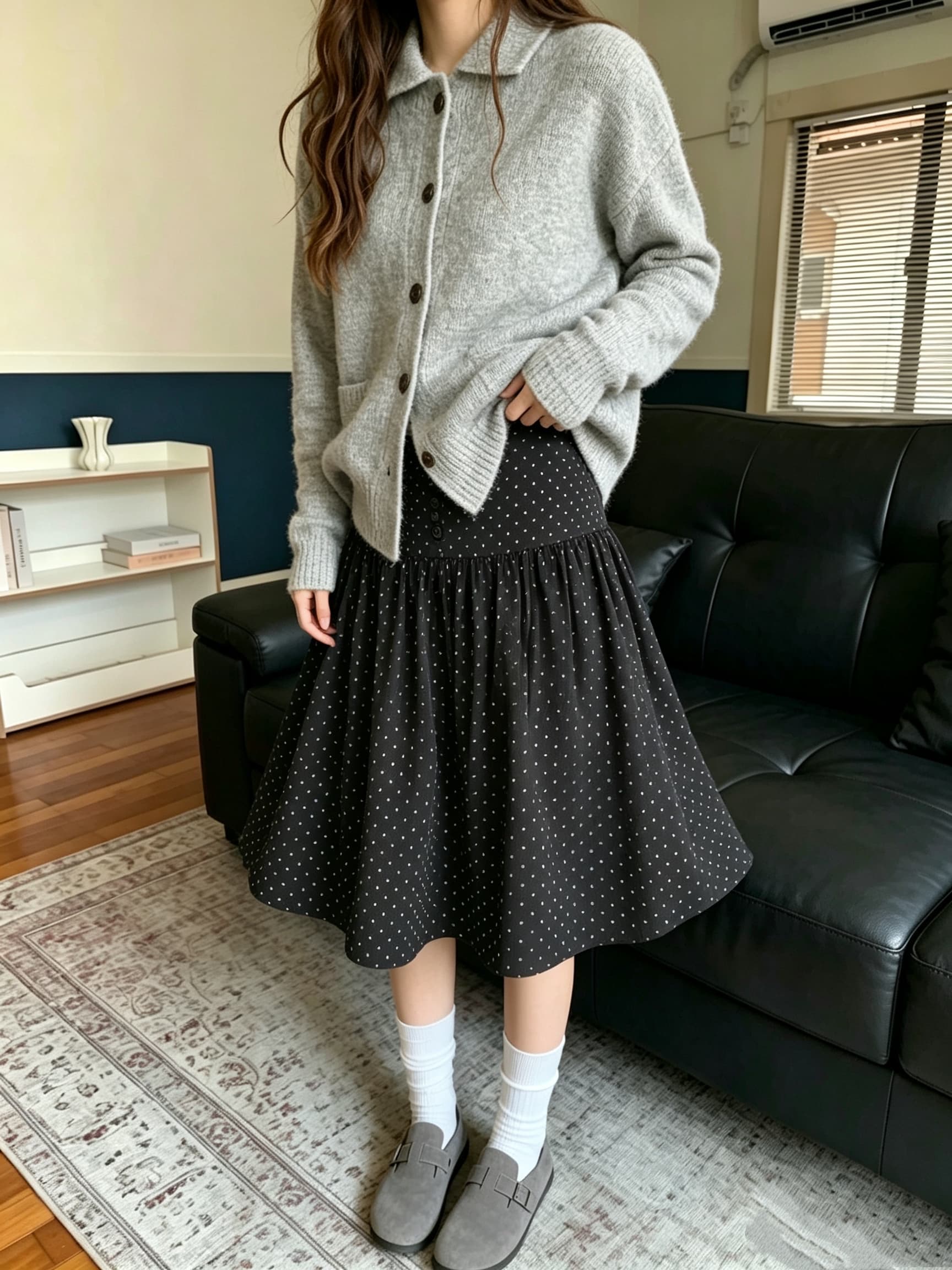 실사 가을 문예 바람 하이웨이스트 검정색 도트 무늬 코듀로이 반신 스커트 여성 레저 다용도 중간 스커트 A라인 스커트 상세 이미지 10