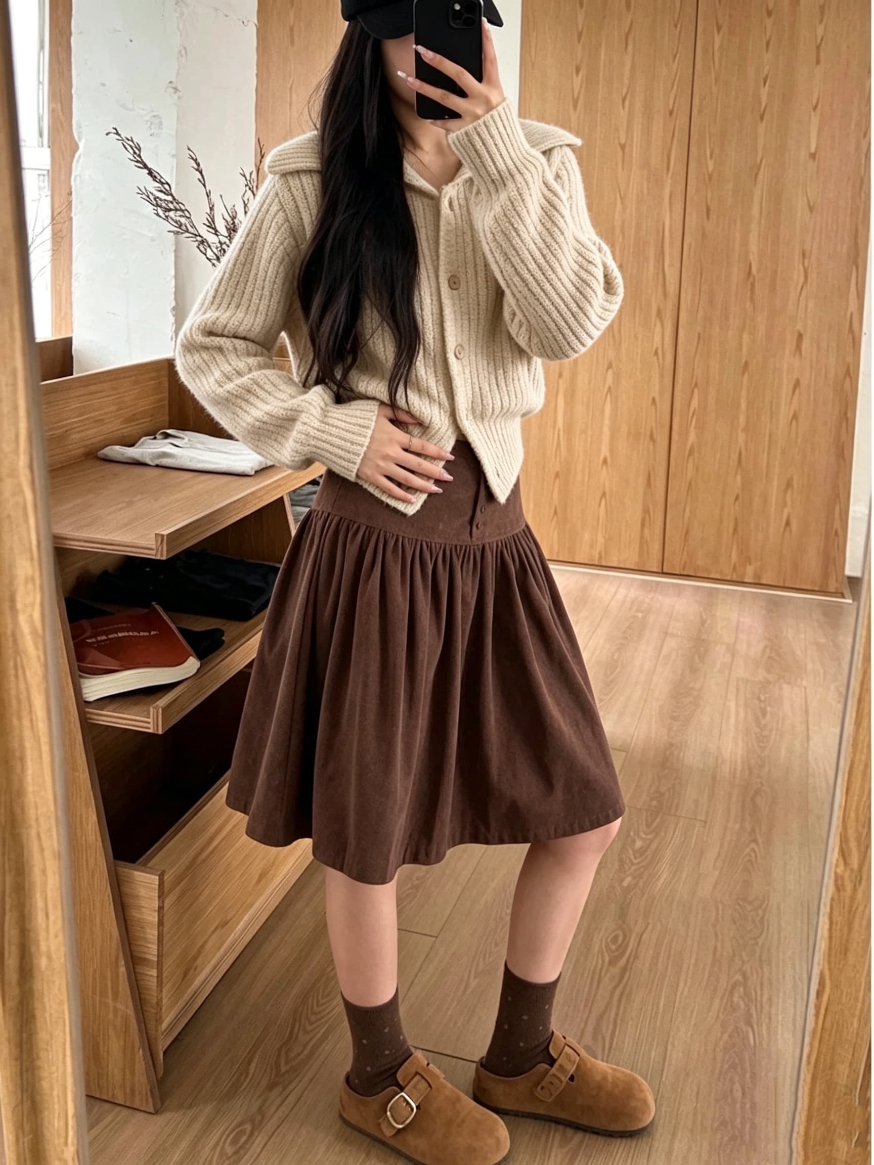 실사 한 부서 브라운 코듀로이 반신 스커트 여성 가을 겨울 커피 색상 한 마디 우산 치마 중간 스커트 5 점 짧은 치마 이미지 3