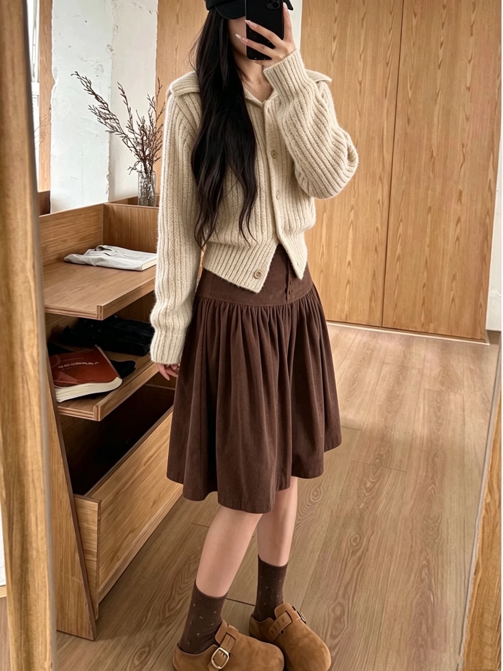실사 한 부서 브라운 코듀로이 반신 스커트 여성 가을 겨울 커피 색상 한 마디 우산 치마 중간 스커트 5 점 짧은 치마 상세 이미지 2
