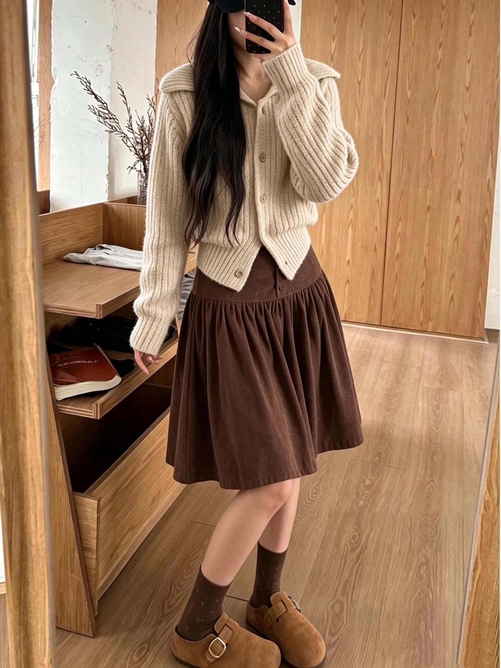 실사 한 부서 브라운 코듀로이 반신 스커트 여성 가을 겨울 커피 색상 한 마디 우산 치마 중간 스커트 5 점 짧은 치마 상세 이미지 3