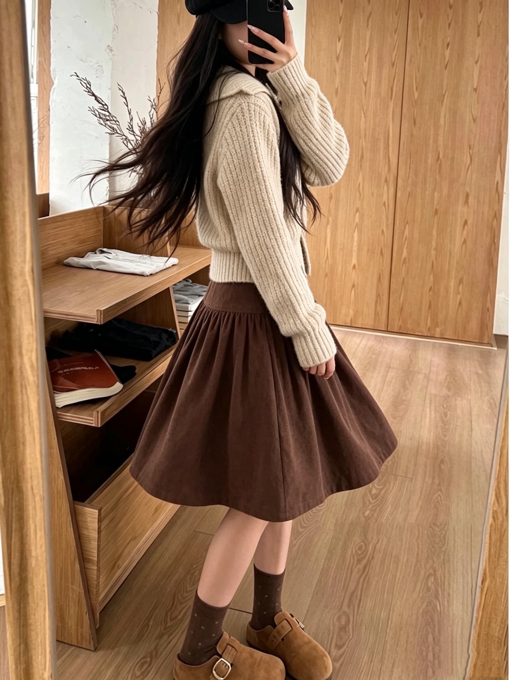 실사 한 부서 브라운 코듀로이 반신 스커트 여성 가을 겨울 커피 색상 한 마디 우산 치마 중간 스커트 5 점 짧은 치마 상세 이미지 5
