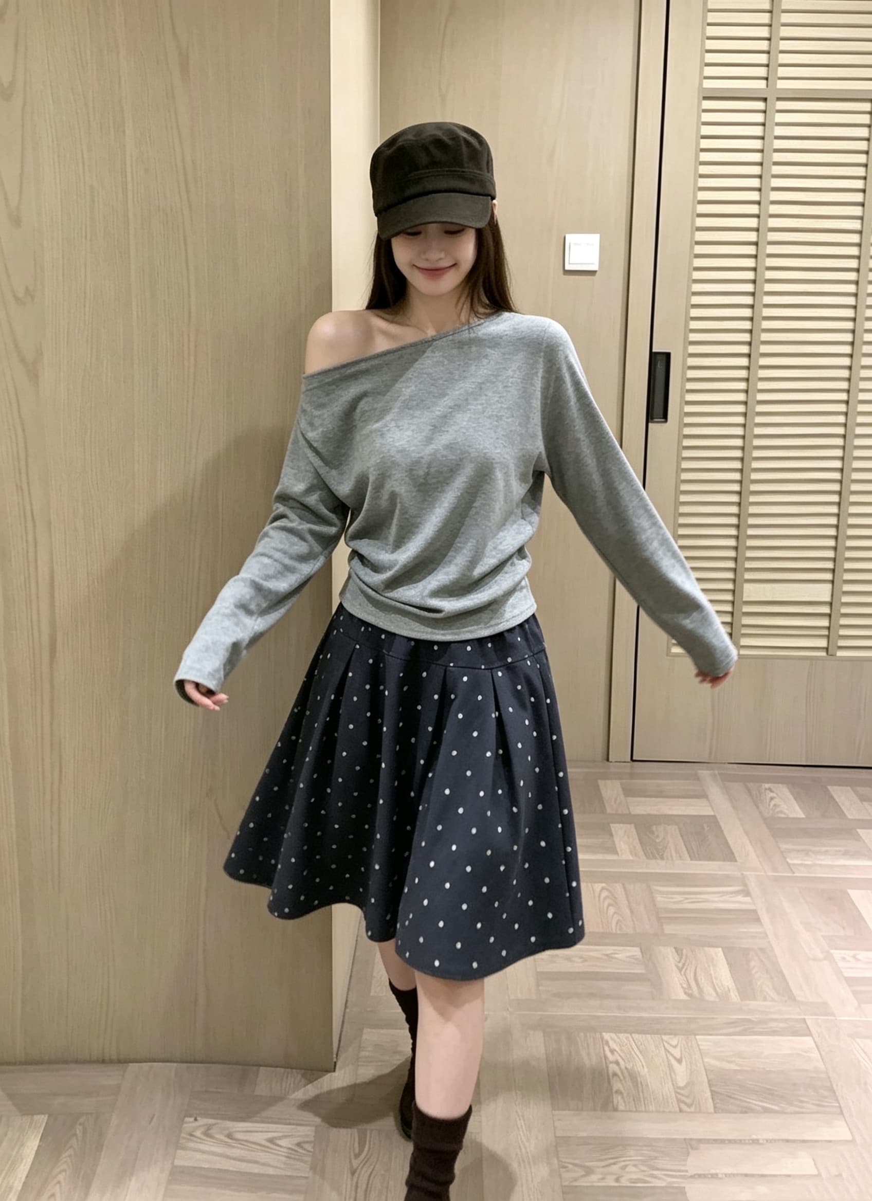 실사 가을 새로운 허리밴드 미니 스커트 명중 Pleat 도트 무늬 한 마디 있음 마 안감 반신 스커트 상세 이미지 4