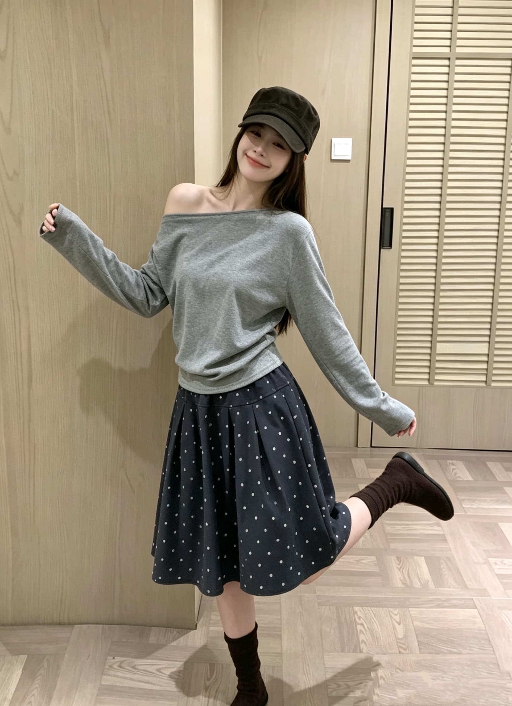 실사 가을 새로운 허리밴드 미니 스커트 명중 Pleat 도트 무늬 한 마디 있음 마 안감 반신 스커트 상세 이미지 5