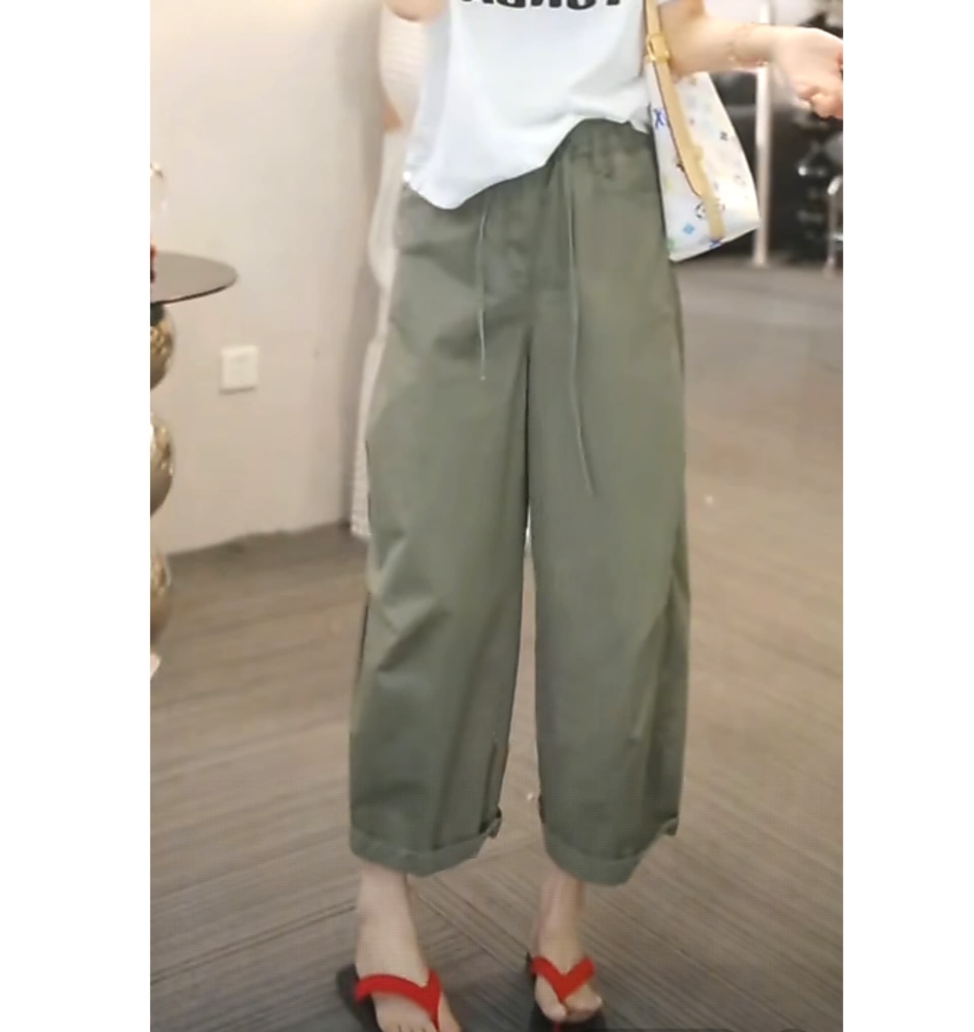 여름 주름 일 와이드 다리 모통이 칼 바지 여성 허리밴드 풍선 바지 루즈핏 캐주얼 하이웨이스트 스트레이트 팬츠 상세 이미지 2