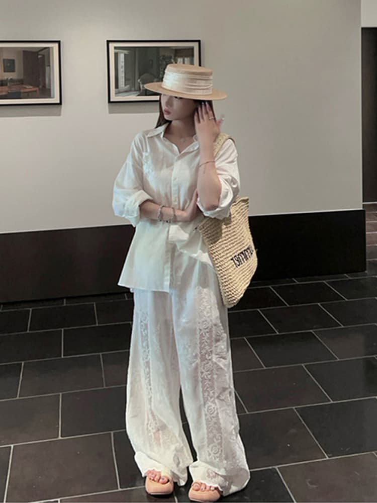 자수 레이스 조각 화이트 스트레이트 와이드 레깅스 바지 얇은 스타일 휴가 프릴 망사 통기성 캐주얼 바닥 청소 바지 이미지 4