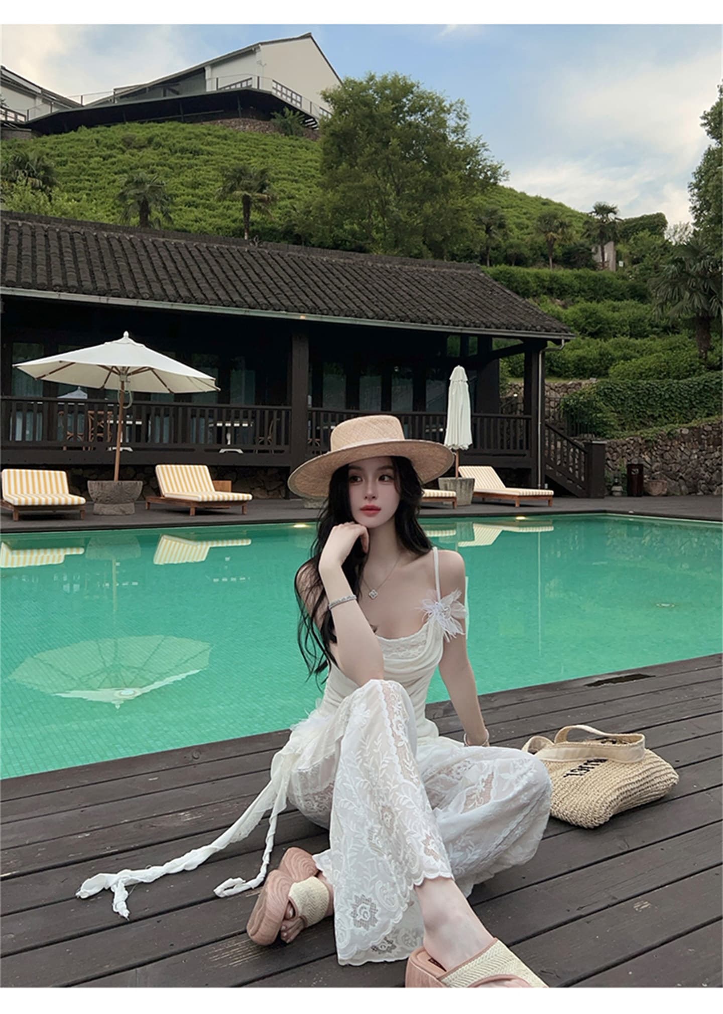 자수 레이스 조각 화이트 스트레이트 와이드 레깅스 바지 얇은 스타일 휴가 프릴 망사 통기성 캐주얼 바닥 청소 바지 상세 이미지 3