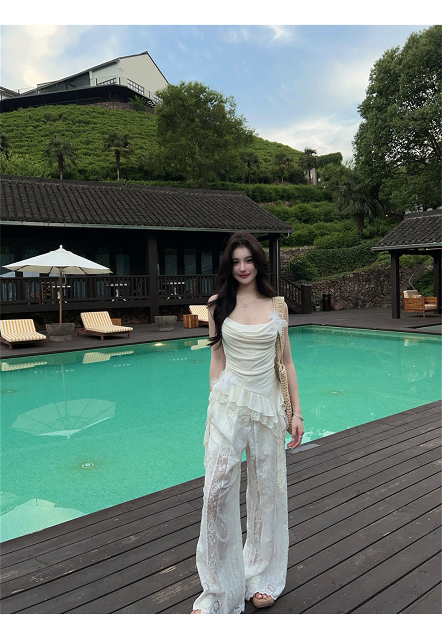 자수 레이스 조각 화이트 스트레이트 와이드 레깅스 바지 얇은 스타일 휴가 프릴 망사 통기성 캐주얼 바닥 청소 바지 상세 이미지 4