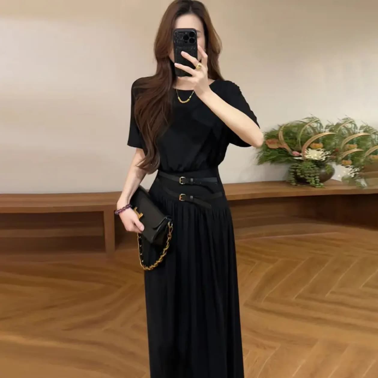 여름 새로운 프랑스식 작은 대중 벨트 디자인 허리 수축 반팔 드레스 롱 스커트 이미지 2