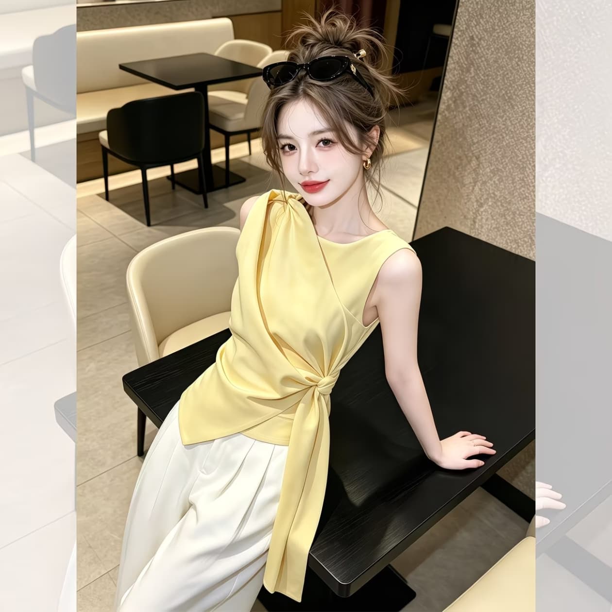 황색 측면 스트랩 허리 수축 디자인 센스 캐미솔 2026 여름 한 부서 작은 대중 Chic 불규칙 맨위 이미지 2