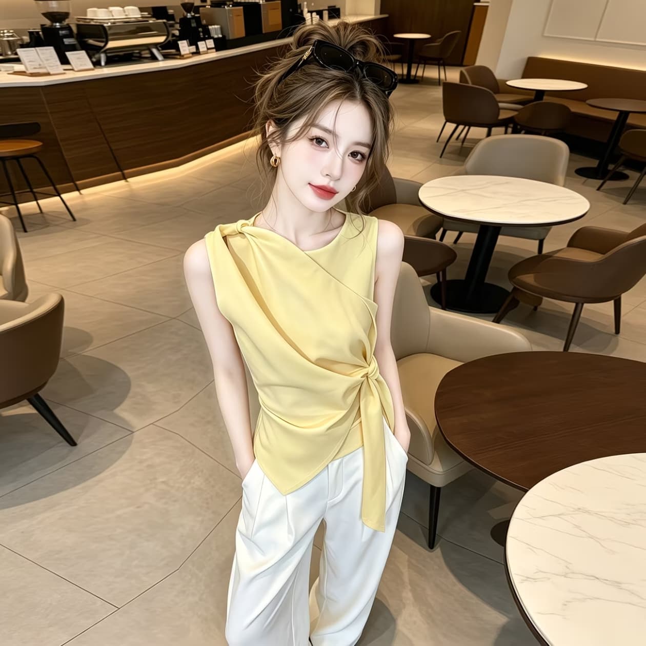 황색 측면 스트랩 허리 수축 디자인 센스 캐미솔 2026 여름 한 부서 작은 대중 Chic 불규칙 맨위 이미지 5