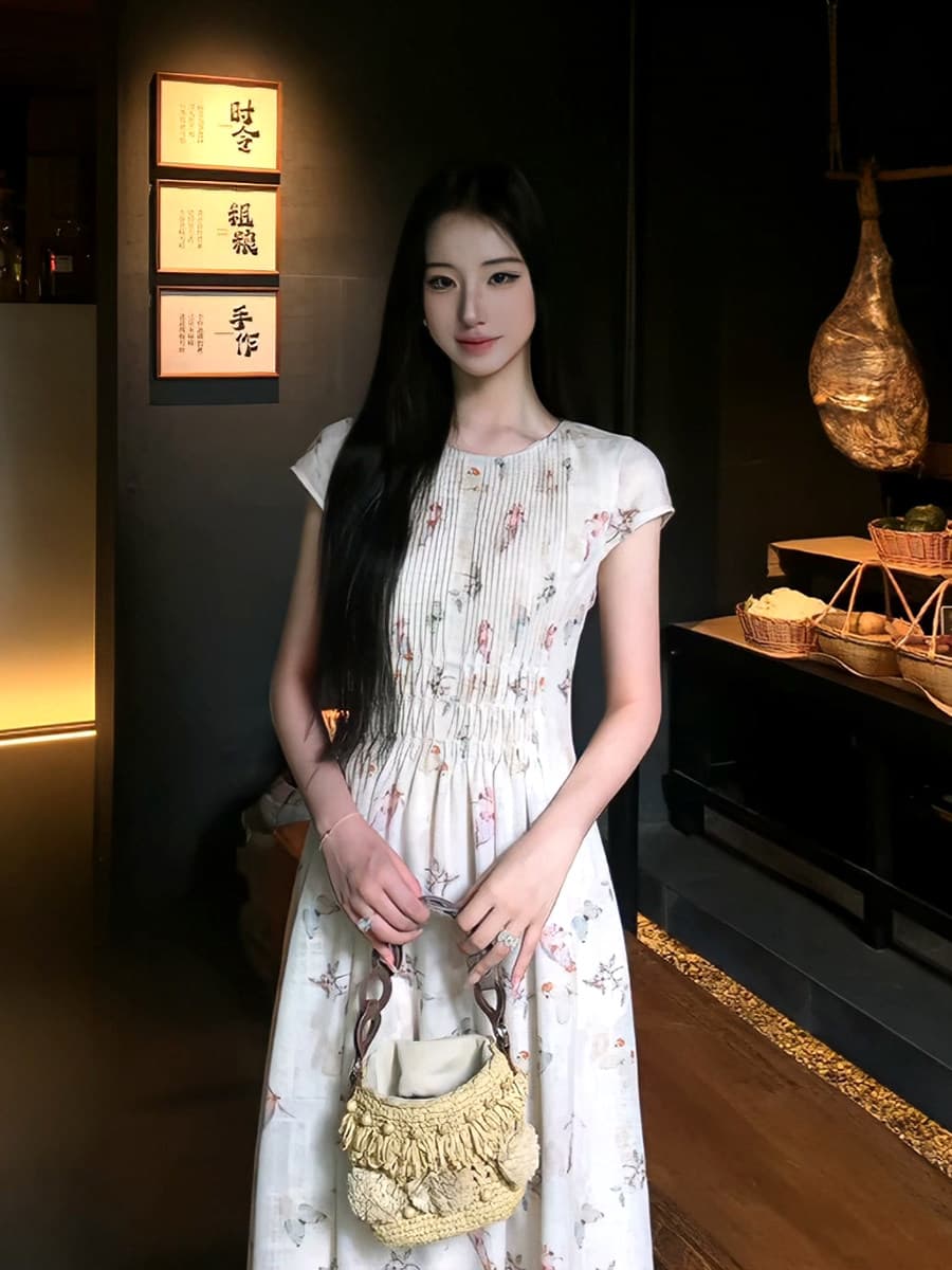 해변가 밖으로 조각 착용 가져 가라. 높음 질감 반팔 허리 수축 꽃무늬 여성 드레스 여름 아름다운 꼬집기 허리 치마 이미지 3