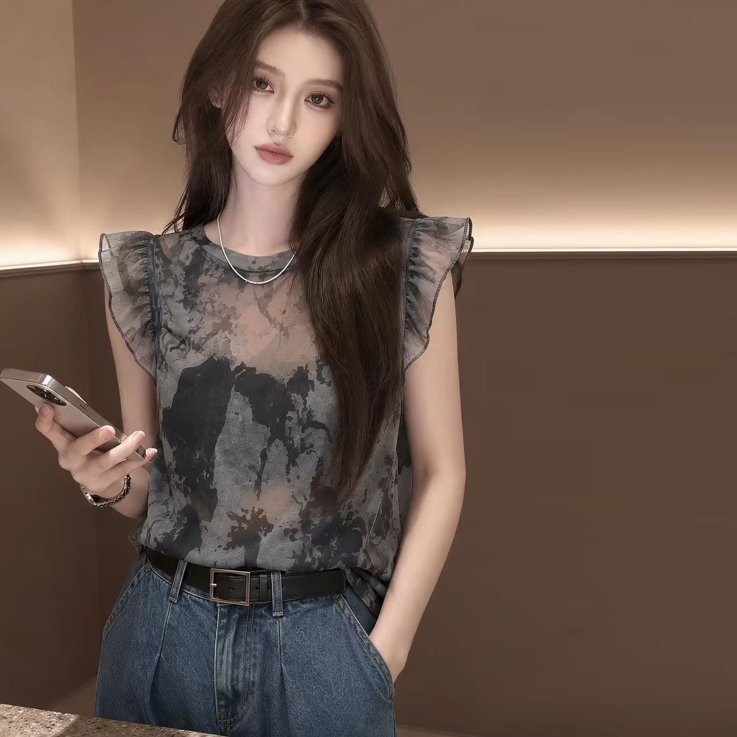 고급 센스 얇고 가벼운 수묵화 프린트 Feifei 소매 티셔츠 2026 여름 우아함 연령 감소 다용도 라운드 넥 슬림해 보이는 맨위 이미지 3