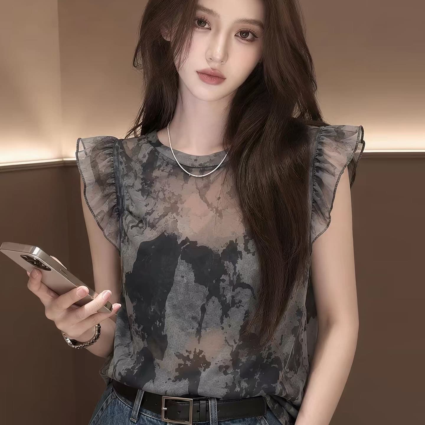 고급 센스 얇고 가벼운 수묵화 프린트 Feifei 소매 티셔츠 2026 여름 우아함 연령 감소 다용도 라운드 넥 슬림해 보이는 맨위 이미지 5