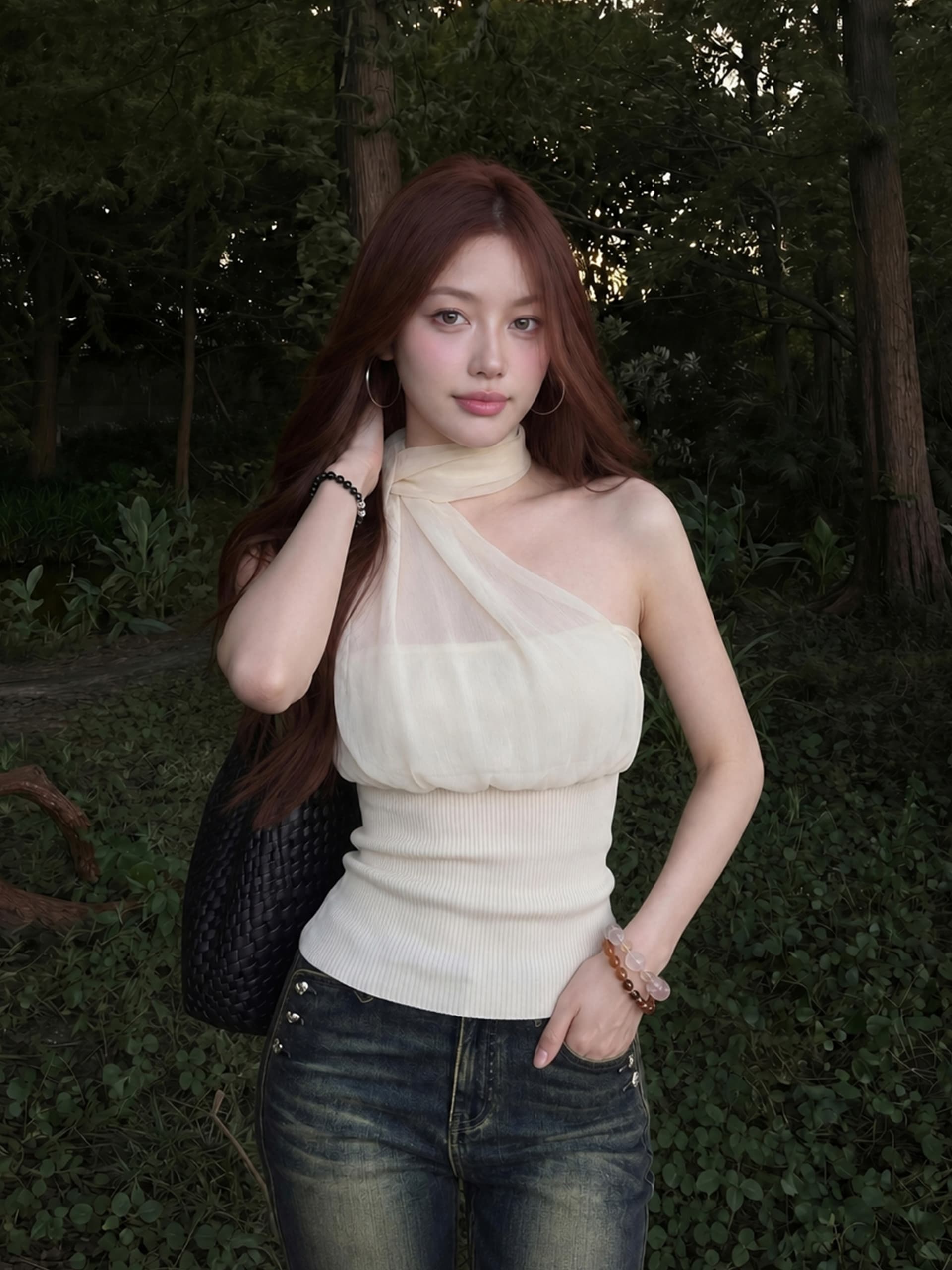 한 부서 부드러운 리본 행침 목 슬립 여성 주름 망사 패치워크 구덩이 기사 슬림해 보이는 타이트 순수한 욕망 바람 짧은 맨위 상세 이미지 5