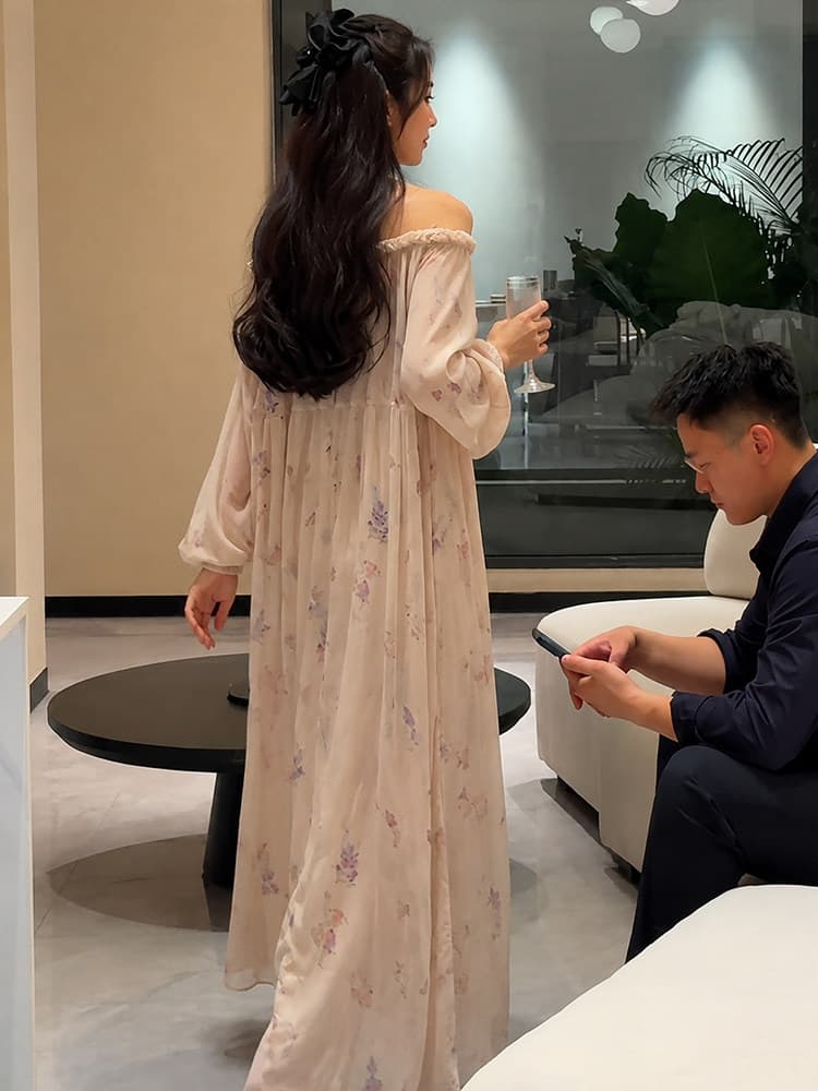 프랑스식 라운드 넥 망사 패치워크 나팔 소매 여성 드레스 2026 여름 새로운 몸매 가꾸기 하이웨이스트 슬림해 보이는 길다 치마 상세 이미지 3