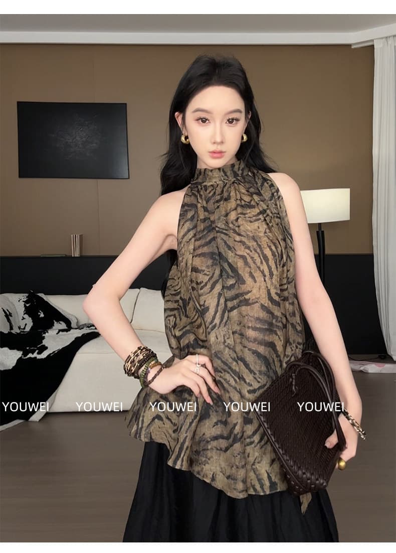 레트로 레오파드 무늬 프린트 민소매 행침 목 리본 여성 셔츠 검정색 반신 스커트 2026 여름 새로운 한 부서 세트 이미지 2