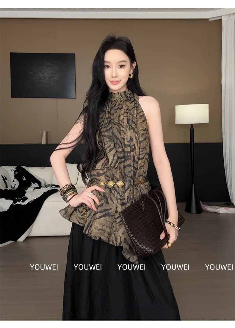 레트로 레오파드 무늬 프린트 민소매 행침 목 리본 여성 셔츠 검정색 반신 스커트 2026 여름 새로운 한 부서 세트 이미지 3