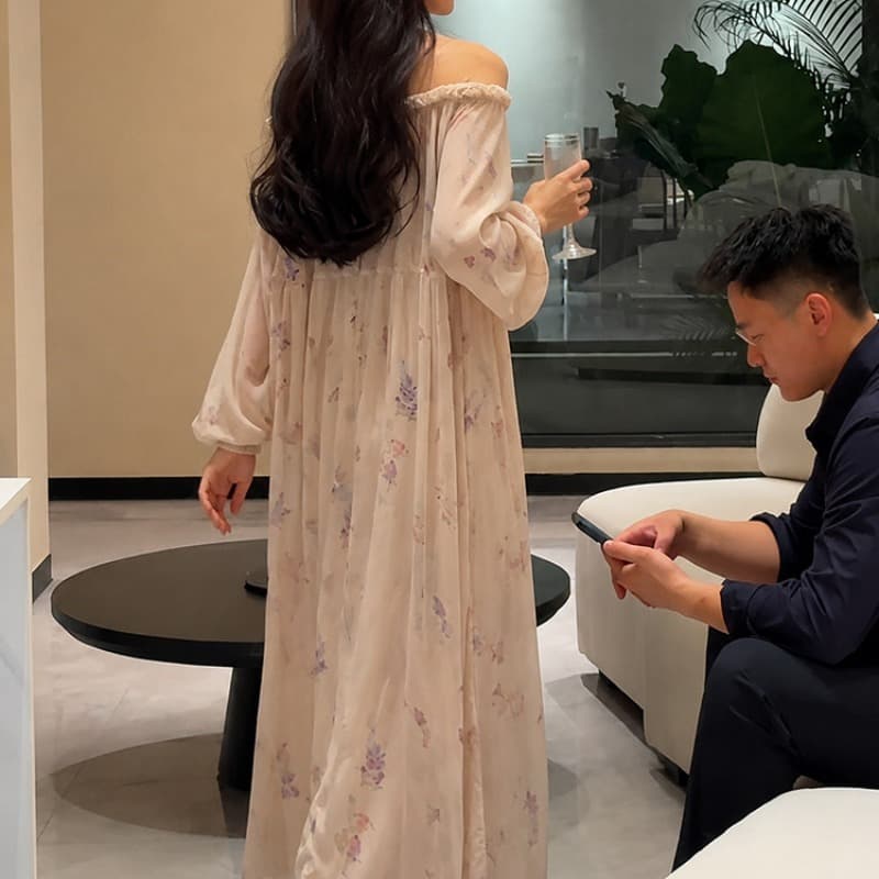 프랑스식 라운드 넥 망사 패치워크 나팔 소매 여성 드레스 2026 여름 새로운 몸매 가꾸기 하이웨이스트 슬림해 보이는 길다 치마 이미지 4