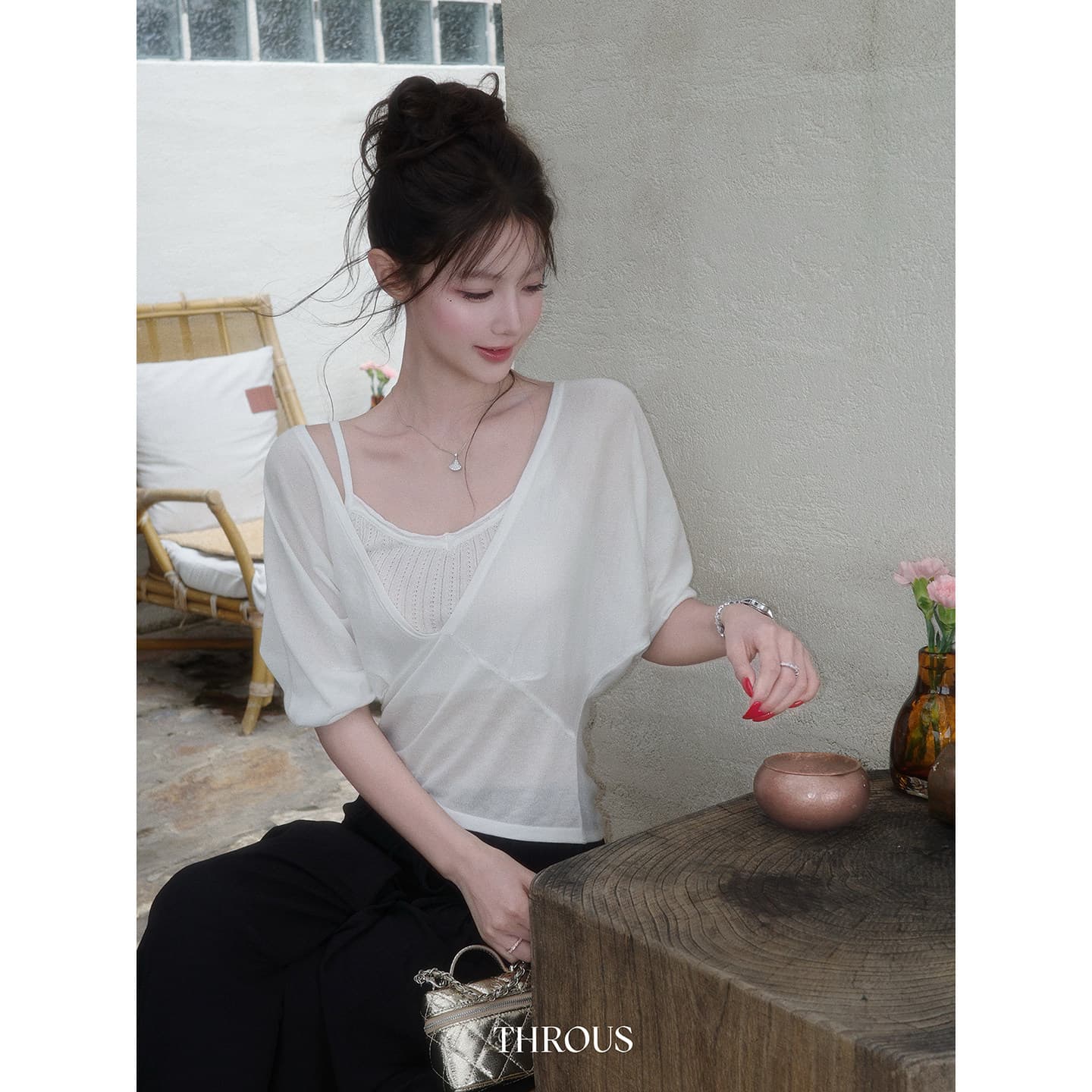 한 부서 V넥 반팔 티셔츠 여성 여름 착용 가져 가라. 주간 실크 마이크로 ~을 통해 tee 몸매 가꾸기 슬림해 보이는 고급 센스 품격 맨위 트렌디 이미지 2