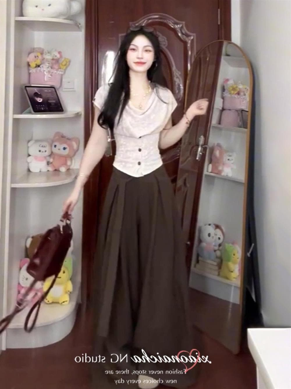 한 부서 자카드 흔들다 칼라 니트 반팔 티셔츠 여성 여름 Chic 작은 대중 아름다운 슈퍼 잘 생긴 허리 수축 슬림해 보이는 맨위 이미지 3
