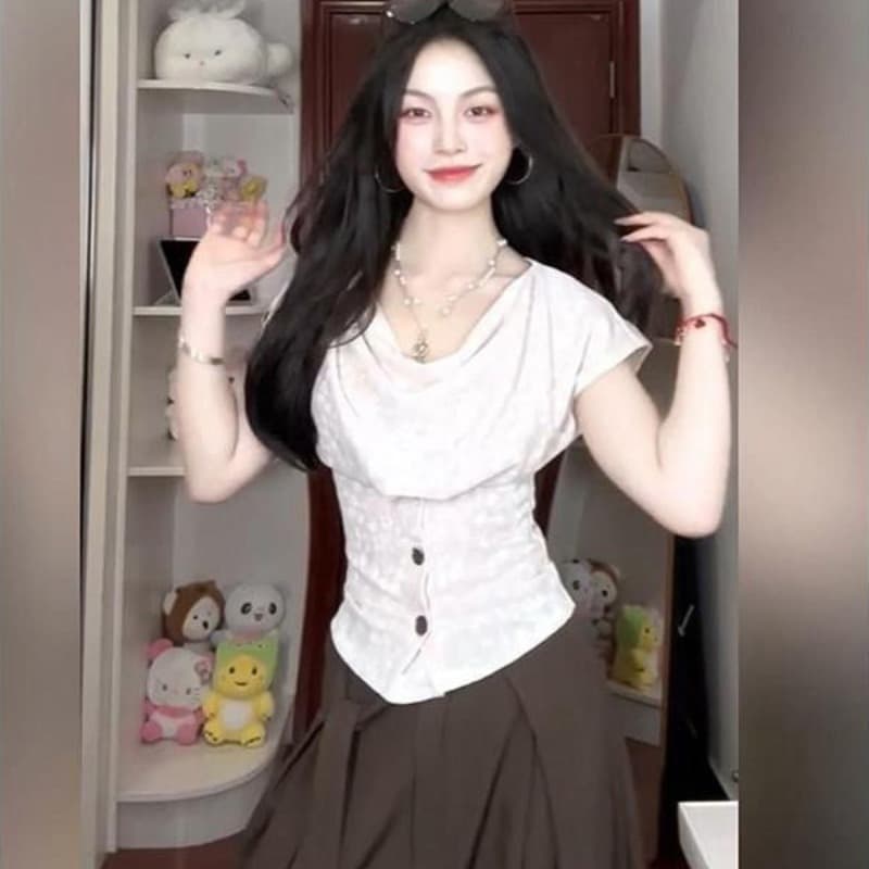 한 부서 자카드 흔들다 칼라 니트 반팔 티셔츠 여성 여름 Chic 작은 대중 아름다운 슈퍼 잘 생긴 허리 수축 슬림해 보이는 맨위 이미지 5