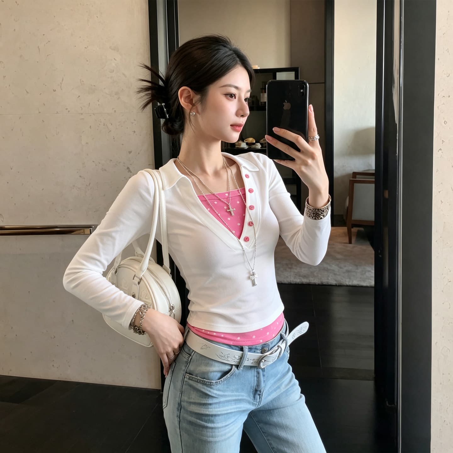 아메리칸 폴로 칼라 헨리 버클 V넥 도트 무늬 화이트 긴팔 티셔츠 여성 이른 가을 몸매 가꾸기 슬림해 보이는 인사이드 가져 가라. 기본 셔츠 맨위 이미지 4