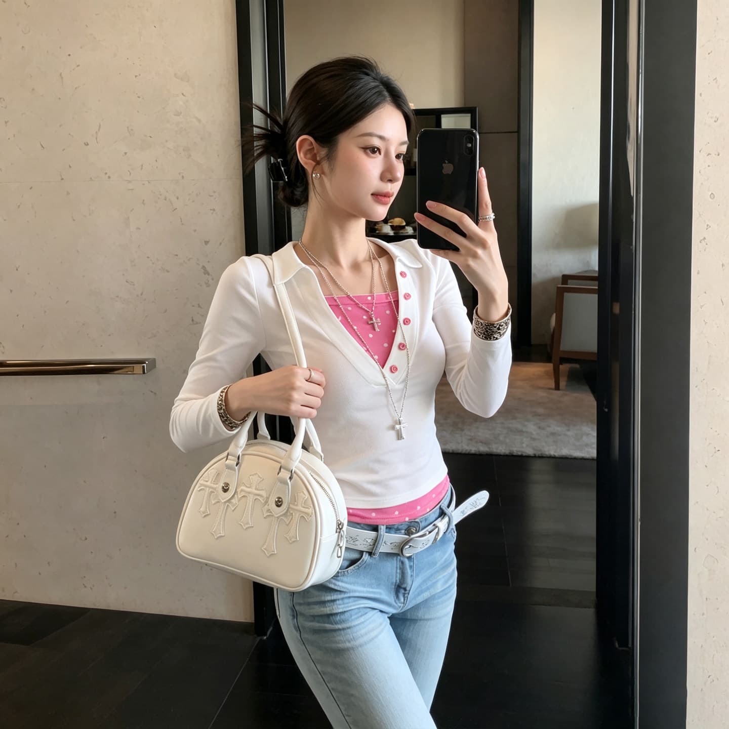 아메리칸 폴로 칼라 헨리 버클 V넥 도트 무늬 화이트 긴팔 티셔츠 여성 이른 가을 몸매 가꾸기 슬림해 보이는 인사이드 가져 가라. 기본 셔츠 맨위 이미지 2
