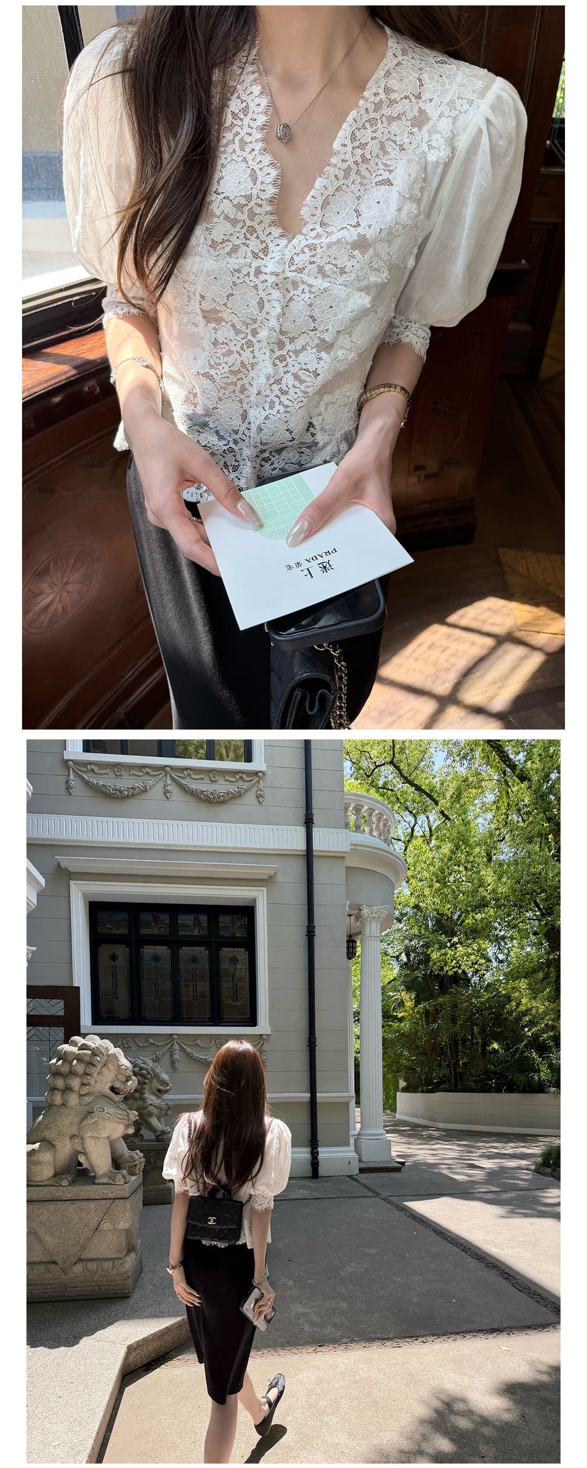 팬 루오 fano 프랑스식 무거운 작업 레이스 조각 작은 셔츠 여성 2026 여름 새로운 V넥 거품 소매 화이트 맨위 상세 이미지 9