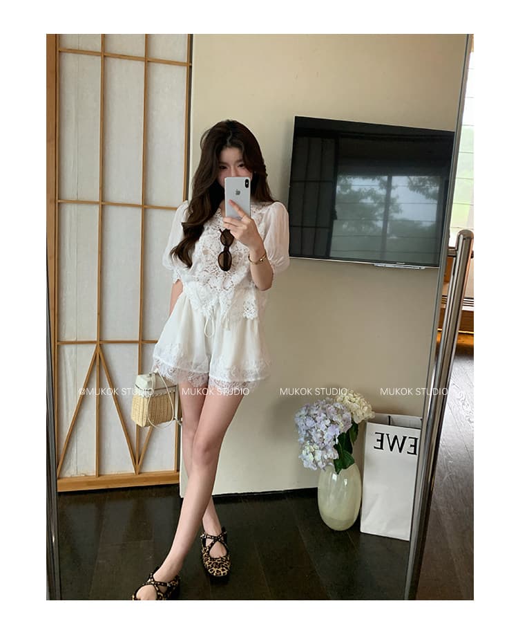 mukok 프랑스식 화이트 라미 V넥 거품 소매 레이스 셔츠 여성 여름 새로운 달콤함 연령 감소 셔츠 상세 이미지 3