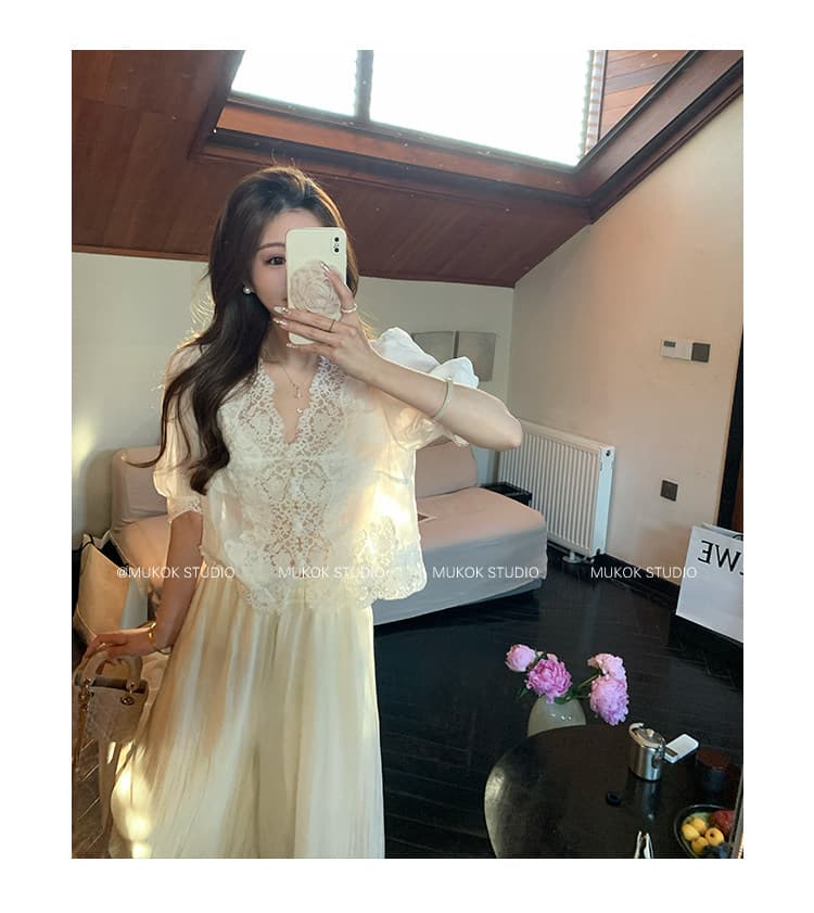 mukok 프랑스식 화이트 라미 V넥 거품 소매 레이스 셔츠 여성 여름 새로운 달콤함 연령 감소 셔츠 상세 이미지 6
