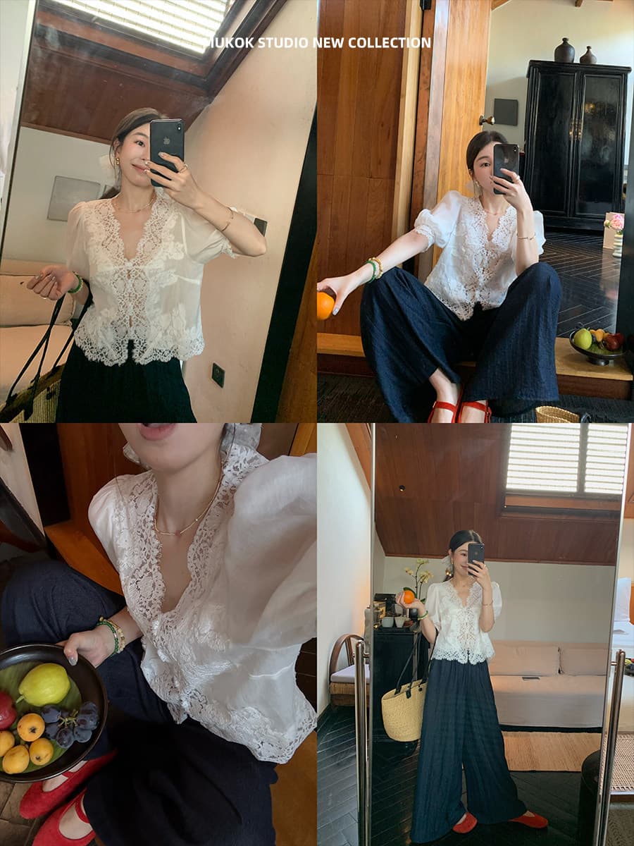 mukok 프랑스식 화이트 라미 V넥 거품 소매 레이스 셔츠 여성 여름 새로운 달콤함 연령 감소 셔츠 상세 이미지 15