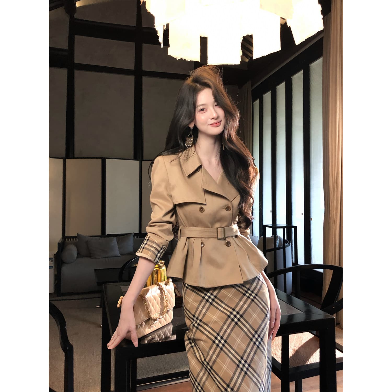 하나부터 순간 반도 라이 경기 서울 면 쇼트 스타일 재킷 재킷 레트로 체크무늬 타이트 스커트 반 스커트 출퇴근 착용 가져 가라. 이미지 2