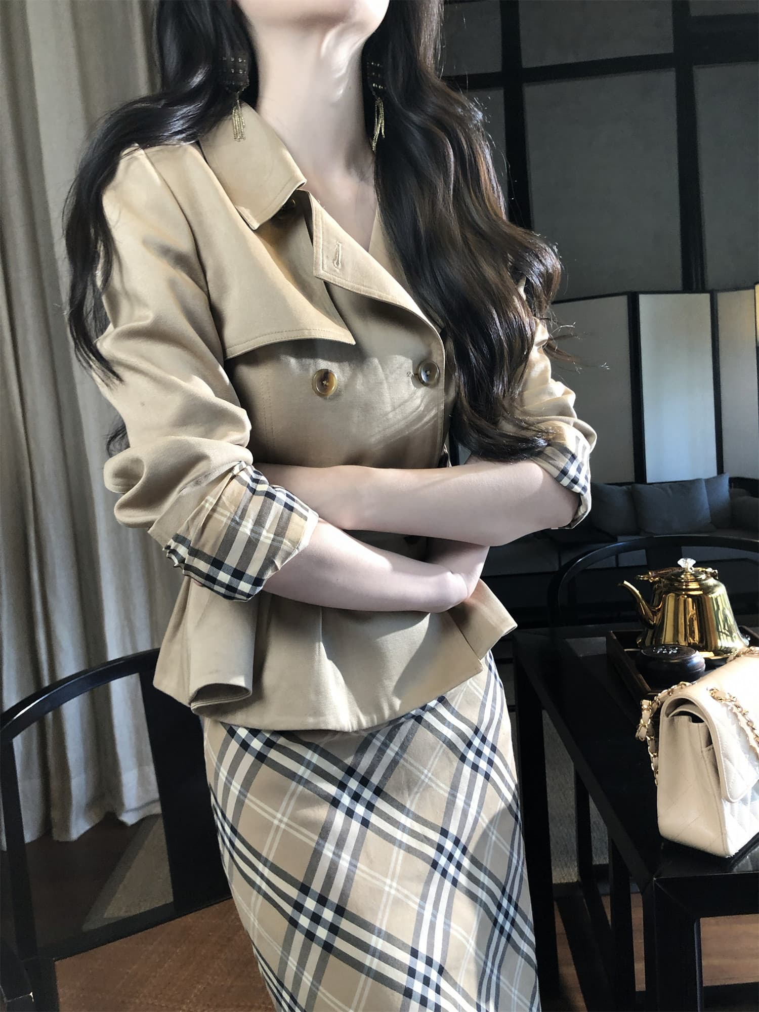 하나부터 순간 반도 라이 경기 서울 면 쇼트 스타일 재킷 재킷 레트로 체크무늬 타이트 스커트 반 스커트 출퇴근 착용 가져 가라. 상세 이미지 1