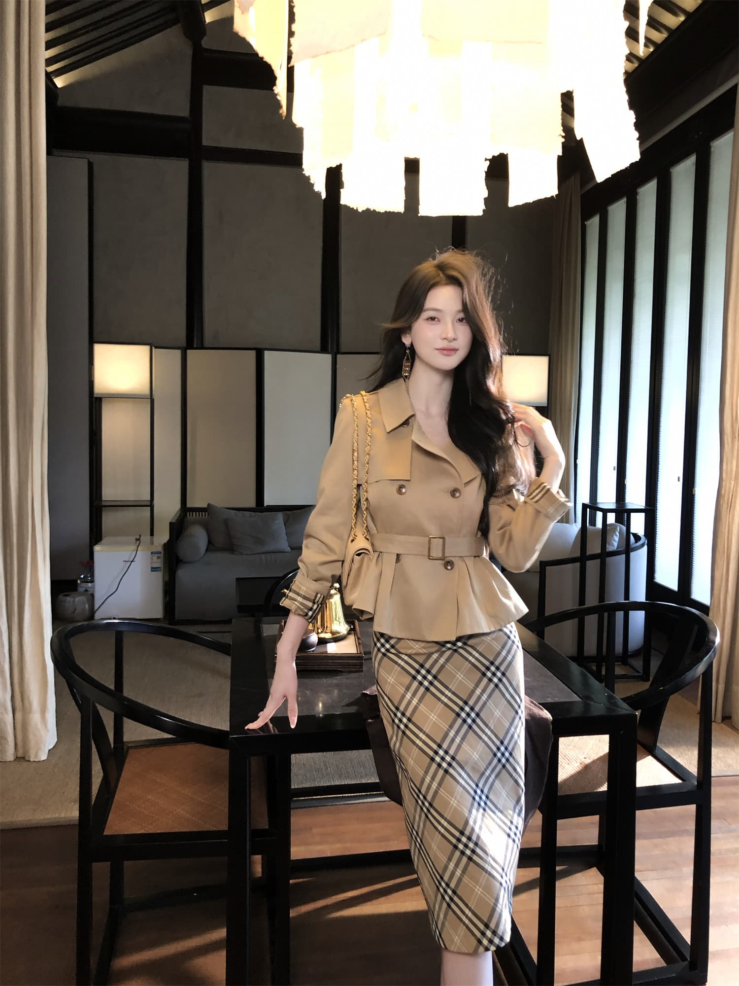 하나부터 순간 반도 라이 경기 서울 면 쇼트 스타일 재킷 재킷 레트로 체크무늬 타이트 스커트 반 스커트 출퇴근 착용 가져 가라. 상세 이미지 2