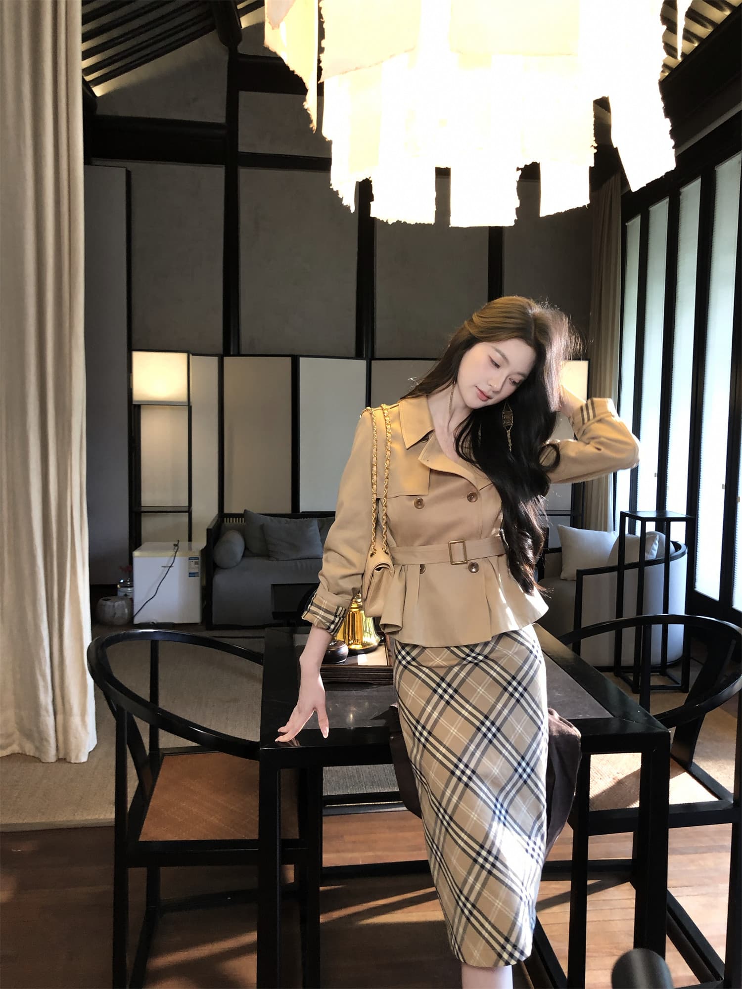 하나부터 순간 반도 라이 경기 서울 면 쇼트 스타일 재킷 재킷 레트로 체크무늬 타이트 스커트 반 스커트 출퇴근 착용 가져 가라. 상세 이미지 3
