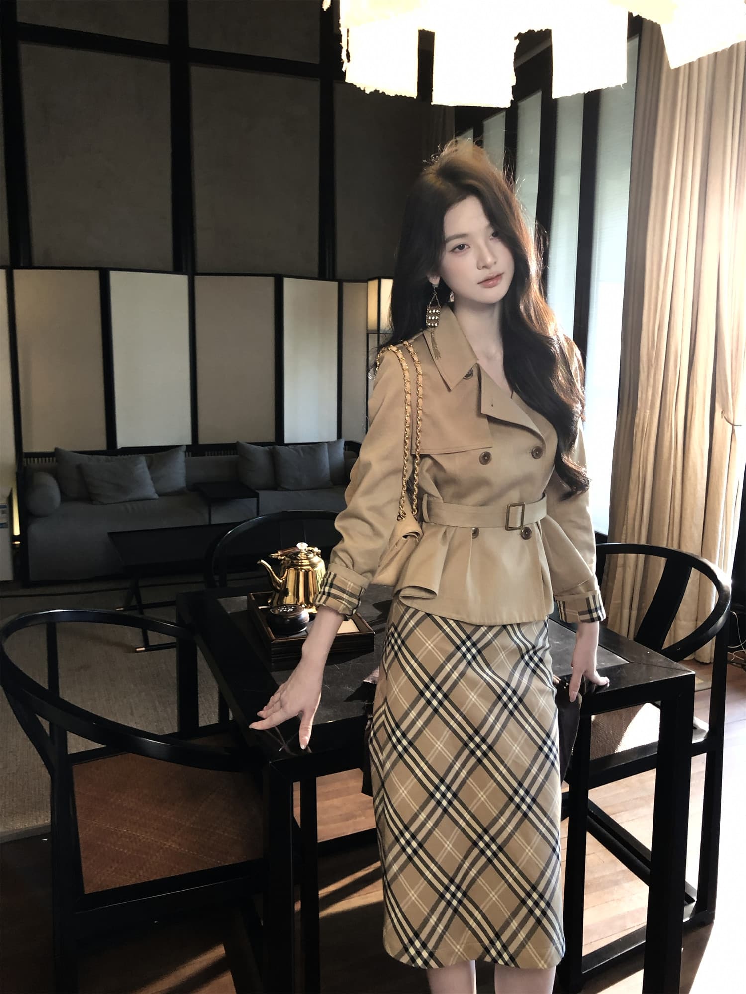 하나부터 순간 반도 라이 경기 서울 면 쇼트 스타일 재킷 재킷 레트로 체크무늬 타이트 스커트 반 스커트 출퇴근 착용 가져 가라. 상세 이미지 4