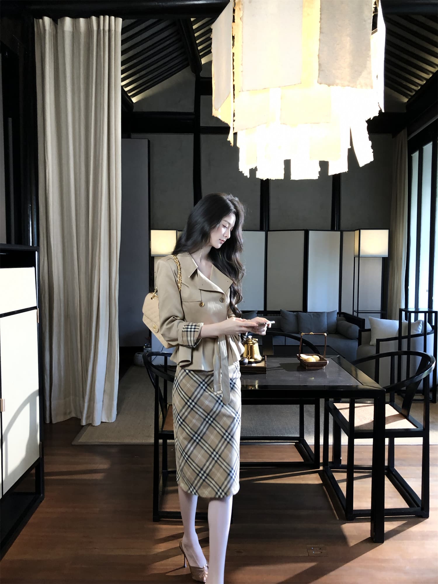 하나부터 순간 반도 라이 경기 서울 면 쇼트 스타일 재킷 재킷 레트로 체크무늬 타이트 스커트 반 스커트 출퇴근 착용 가져 가라. 상세 이미지 5