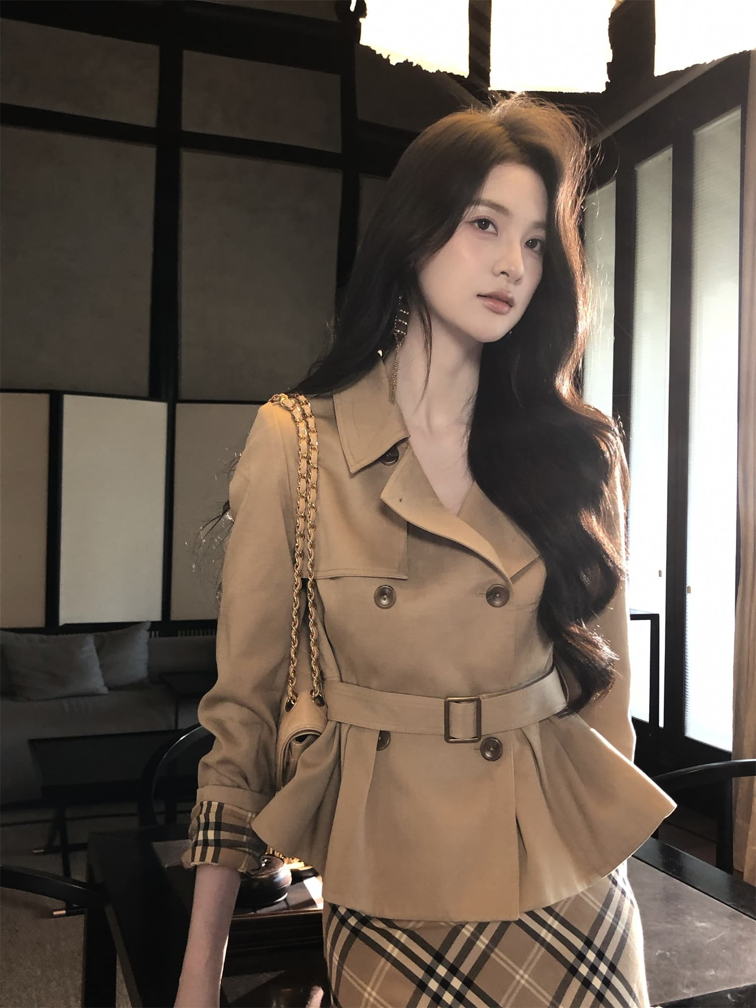하나부터 순간 반도 라이 경기 서울 면 쇼트 스타일 재킷 재킷 레트로 체크무늬 타이트 스커트 반 스커트 출퇴근 착용 가져 가라. 상세 이미지 7