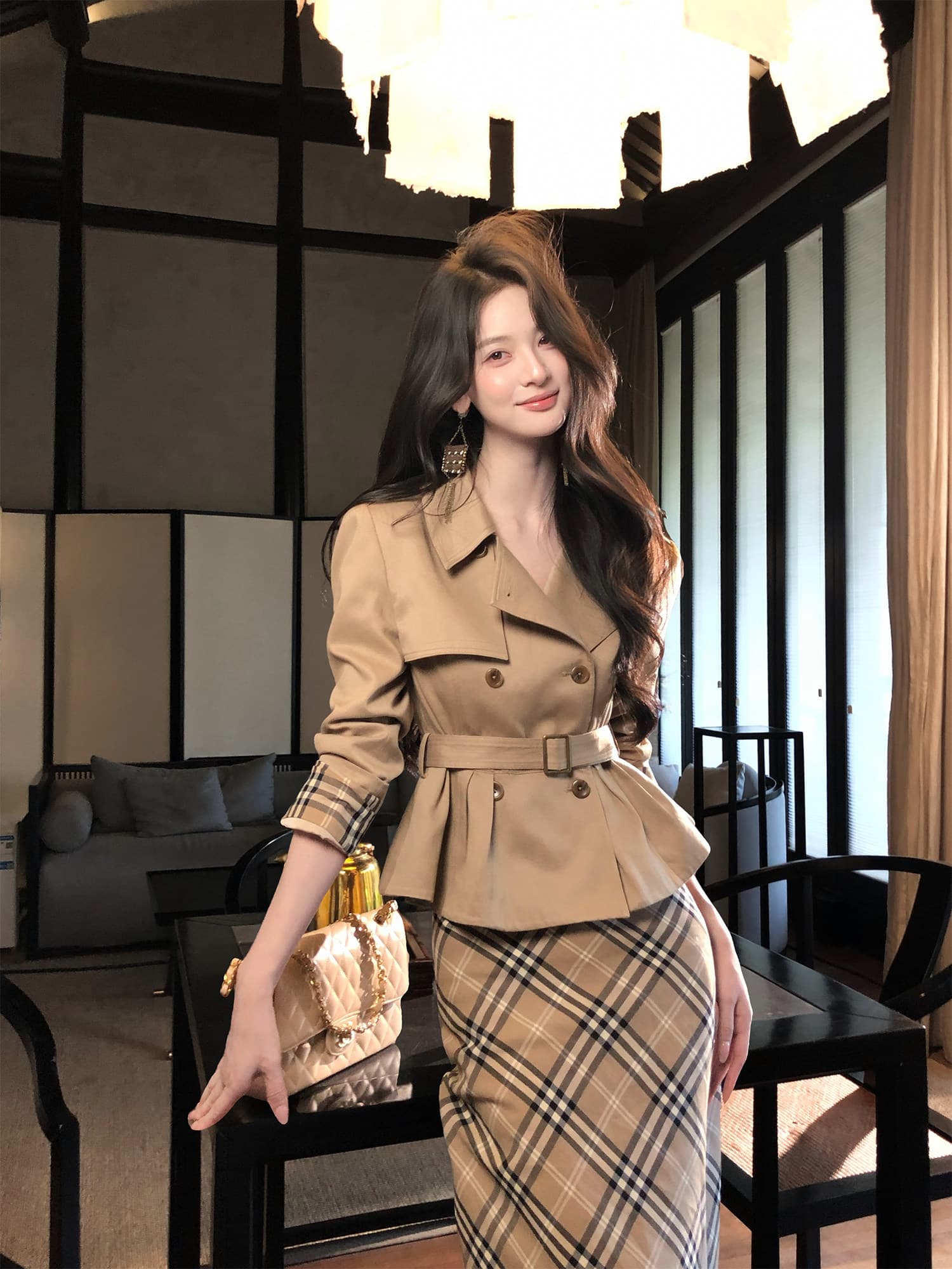 하나부터 순간 반도 라이 경기 서울 면 쇼트 스타일 재킷 재킷 레트로 체크무늬 타이트 스커트 반 스커트 출퇴근 착용 가져 가라. 상세 이미지 13