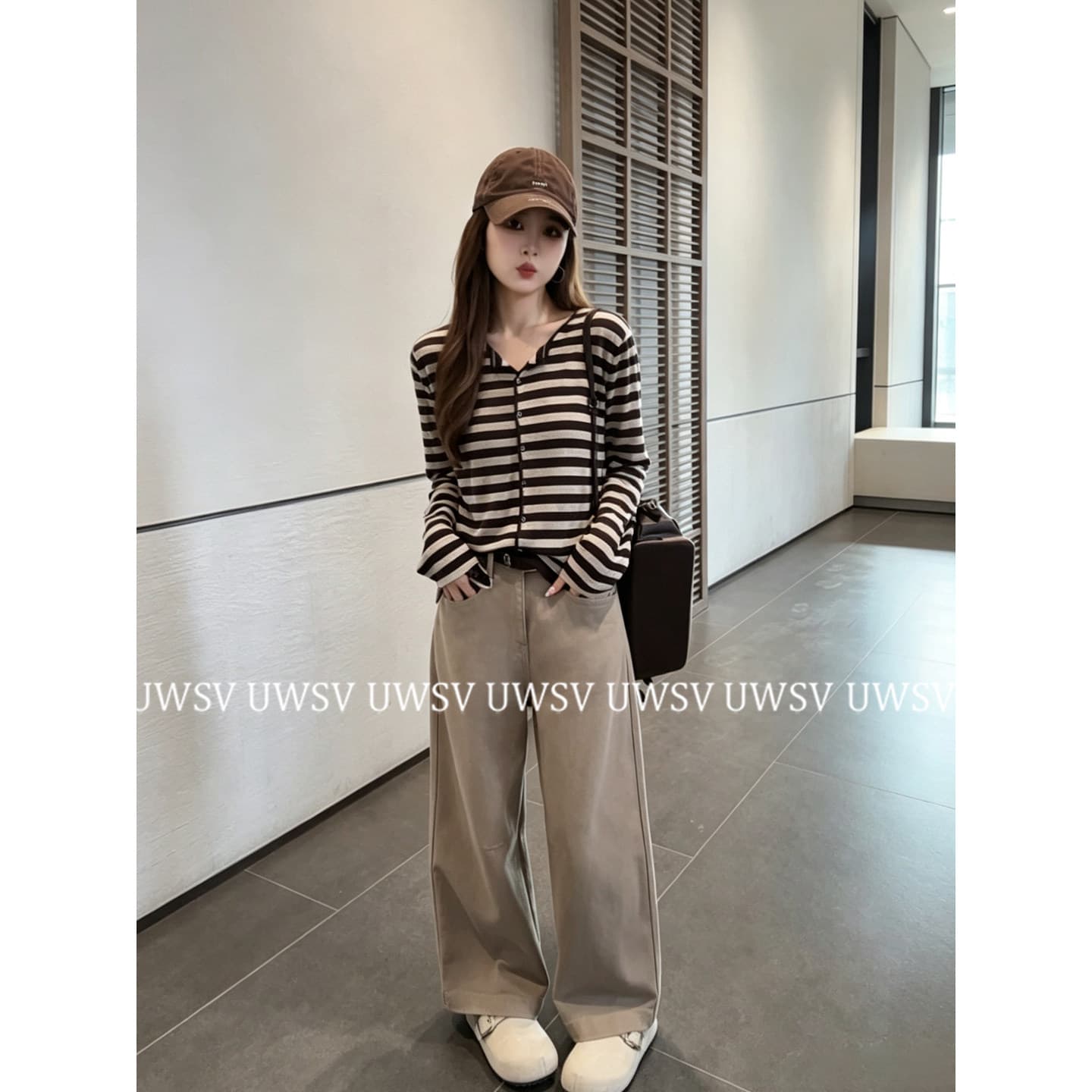 Annan uwsv 새로운 레트로 패션 디스플레이 얇고 작은 표준 스트라이프 오픈 가디건 스웨터 코트 이미지 3