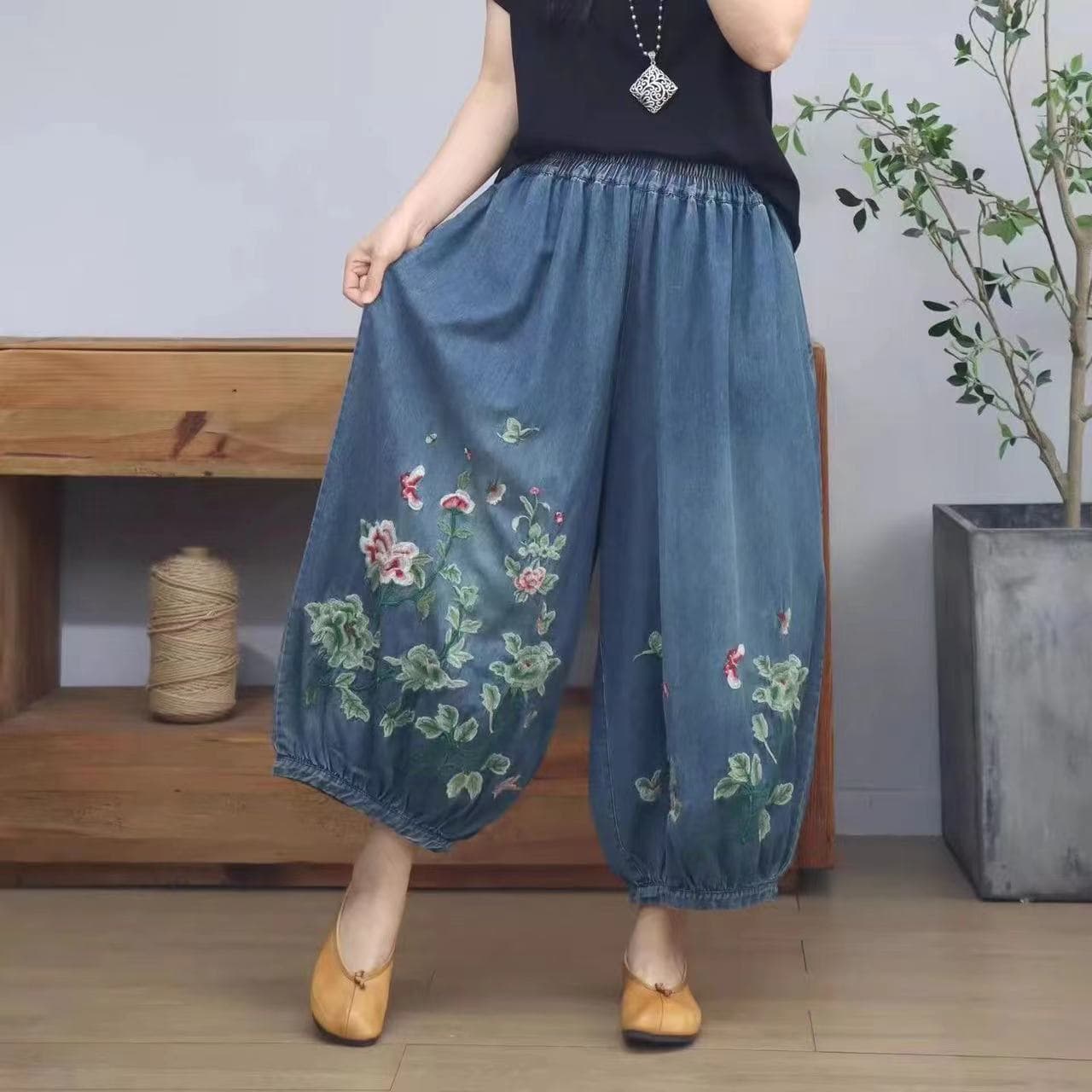 200 kg 얇은 스타일 부드러운 데님 레트로 무거운 작업 자수 민족 스타일 허리밴드 다용도 캐주얼 빅 사이즈 와이드 레그 팬츠 이미지 2