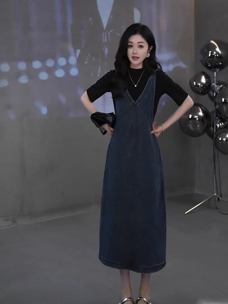한국 chic 느긋한 바람 레트로 블루 데님 여성 드레스 여름 디자인 센스 지퍼 슬림해 보이는 V넥 멜빵 스커트 상세 이미지 1