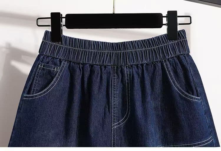 여름 얇은 스타일 허리밴드 여성 어두운 색 루즈핏 아름다운 자수 데님 반바지 찢어진 워싱 와이드 팬츠 이미지 2