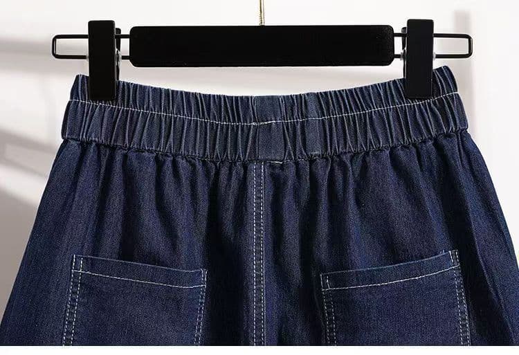 여름 얇은 스타일 허리밴드 여성 어두운 색 루즈핏 아름다운 자수 데님 반바지 찢어진 워싱 와이드 팬츠 상세 이미지 13