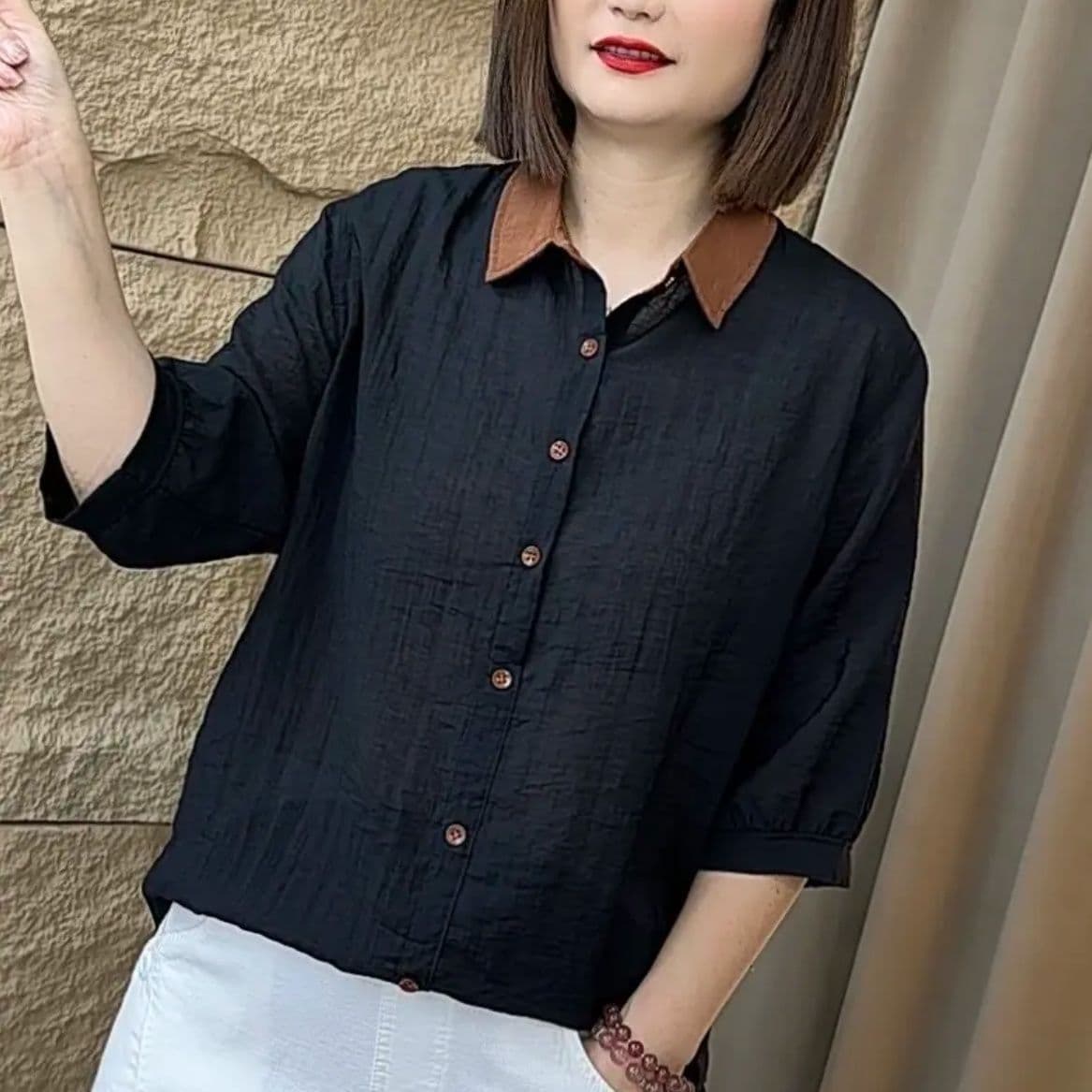 7부 소매 반팔 셔츠 여성 의류 2026 여름 새로운 디자인 센스 폴로 칼라 배색 패치워크 품격 면 린넨 셔츠 상세 이미지 5