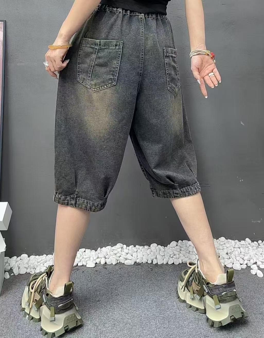 180 근 웨어러블 부드러운 데님 레트로 무거운 작업 알파벳 자수 허리밴드 다용도 캐주얼 5 점 축소 바지 아빠 바지 이미지 4